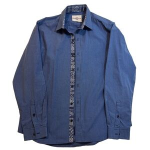 Peninsula Blue Button-Up Shirt L with Aztec Trim & Hidden Print Collar